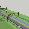 Yellow Black Striped Height Restriction Barrier Public Facility Along Road With Railings And Green Grass