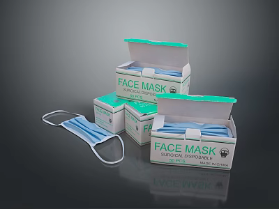 Medical Disposable Face Mask with Opened Boxes and Single Mask 3d model