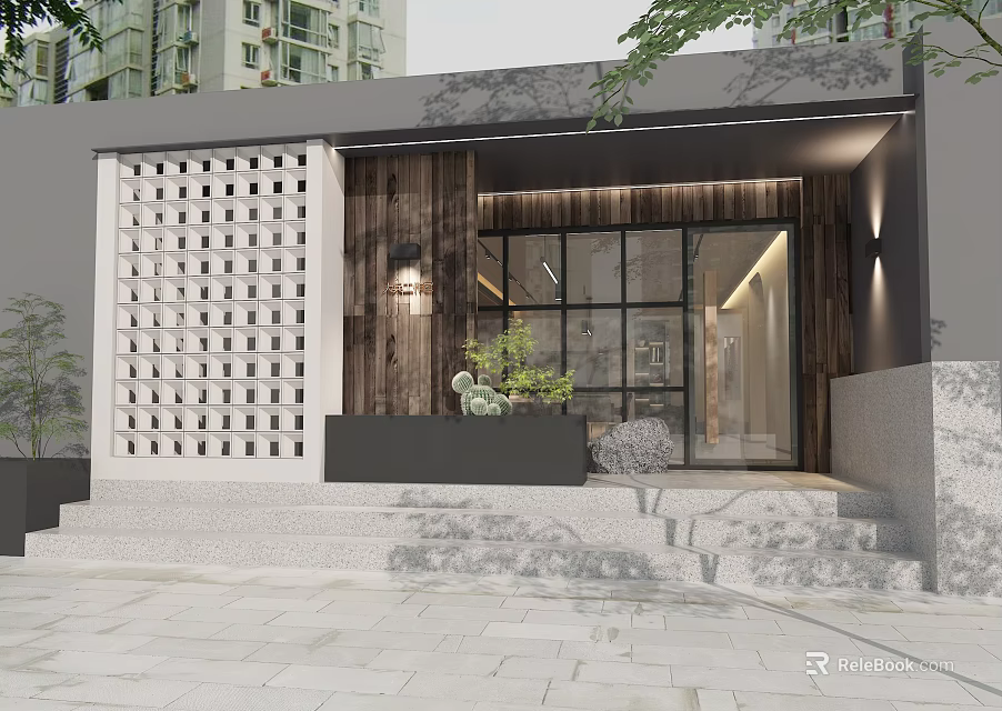 Modern Storefront Design With Wooden Panels Lattice Glass Windows And Potted Plants 3d model 