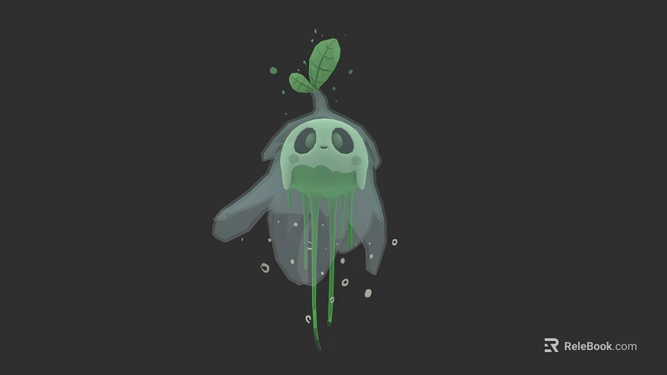 Cute Green Ghost Like Creature With Leaf Dripping Slime And Bubbles 3d model 