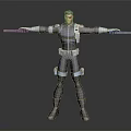 Detailed 3D Superhero Character Wearing Blue Uniform With White Stripes Holding Weapons Standing Pose