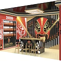 Chinese Opera Themed Display Interior With Mask Decor And Red Black Accents