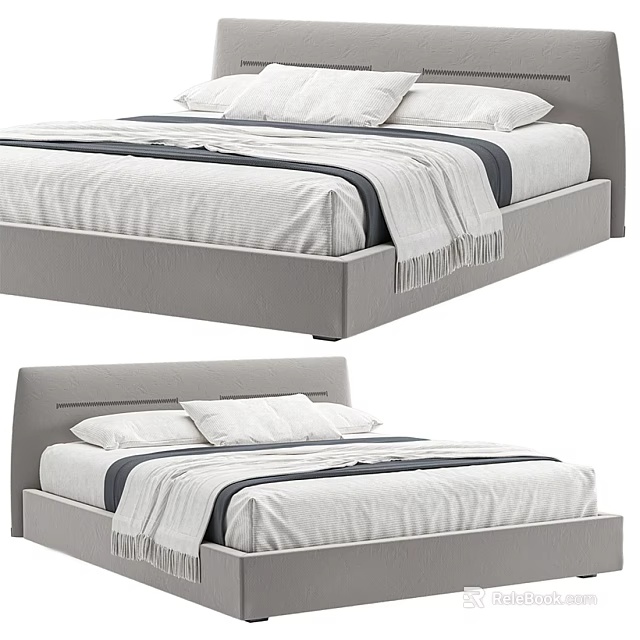 Modern Double Bed With Gray Frame White Sheets And Blue Stripes 3d model