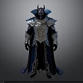 Fantasy Character In Blue Silver Armor With Spiked Helmet Red Eyes And Golden Cloak