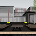 Modern Sales Office Building With Glass Facade Geometric Roof Surrounded by Trees And Water Features
