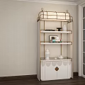 White Sideboard Cabinet With Gold Frame Top Lampshade And Multi Tiered Shelves For Vases Books