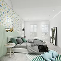 Cozy Kids Bedroom With Dinosaur Patterned Wallpaper Plush Toys And Light Green Decor