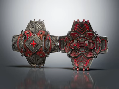 Two Ornamental Decorative Plates With Red And Metallic Intricate Geometric Patterns And Detailed Carvings 3d model
