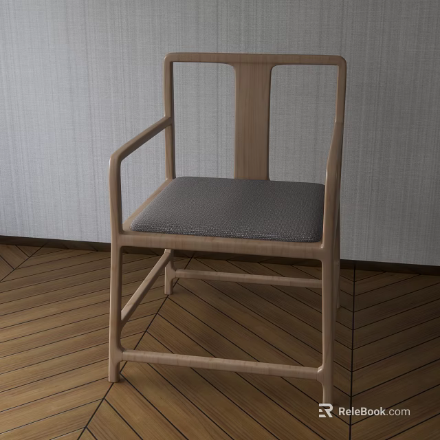 Minimalist Wooden Armchair With Gray Cushion On Herringbone Floor And Light Wall 3d model 