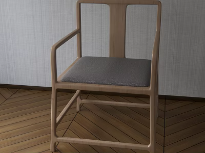 Minimalist Wooden Armchair With Gray Cushion On Herringbone Floor And Light Wall 3d model