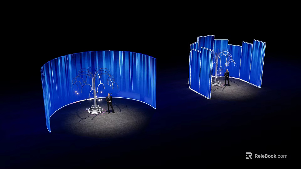 Modern Interactive Zone With Blue Curved Structures And Lighting For Interaction 3d model