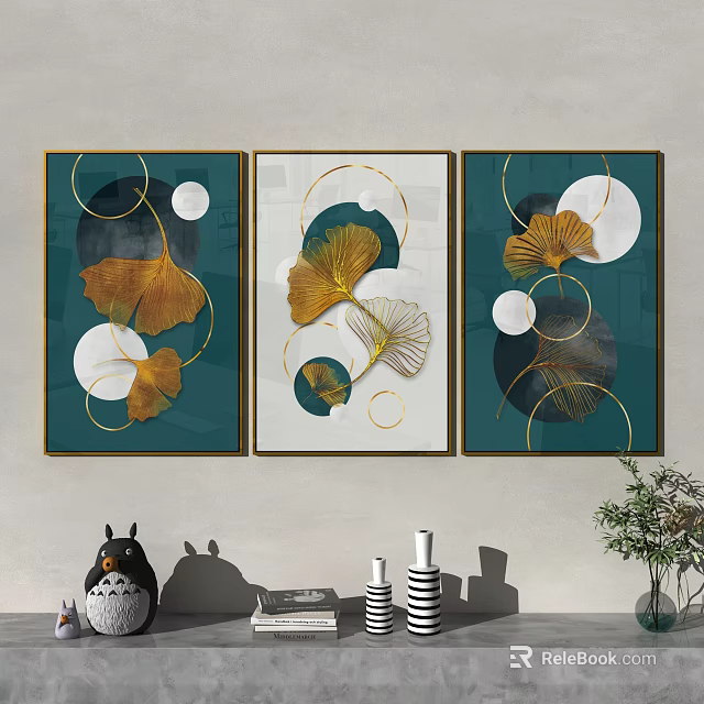 Modern Wall Art With Ginkgo Leaves Circular Elements Teal White Background And Decorative Items 3d model