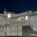 Elegant Japanese Stage Design Featuring Umbrella Decorations Wooden Structure And Night Lighting
