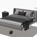 Beige Double Bed With Upholstered Headboard Multiple Pillows Gray Blanket Nightstands And Rug