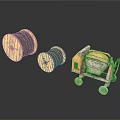 Vintage Wooden Cable Reels And Small Machinery Cart On White Background