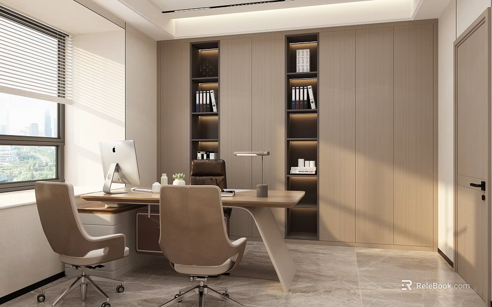 Modern Office Interior Design With Wooden Desk Ergonomic Chairs Built-in Bookshelves Computer And Window Lighting 3d model 