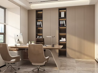 Modern Office Interior Design With Wooden Desk Ergonomic Chairs Built-in Bookshelves Computer And Window Lighting 3d model