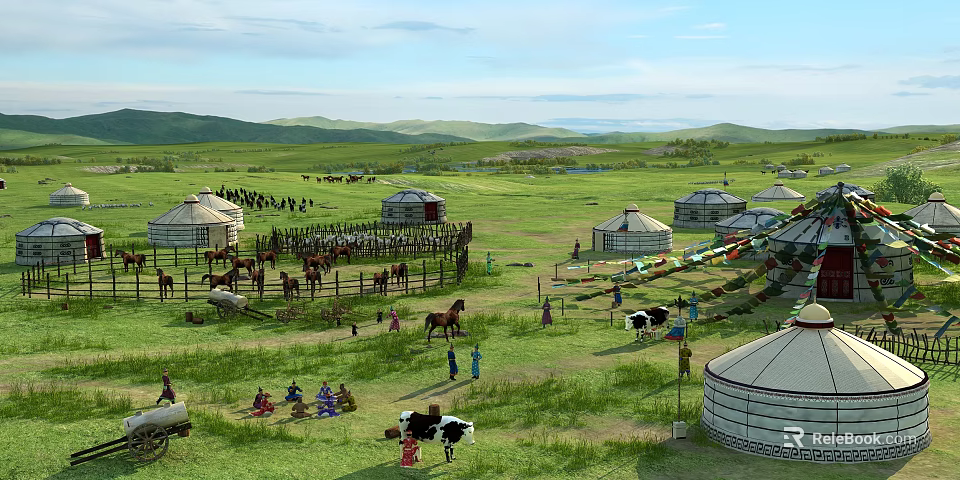 Scenic Green Mongolian Grassland With Yurts Grazing Cattle Horses And People 3d model 