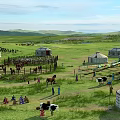 Scenic Green Mongolian Grassland With Yurts Grazing Cattle Horses And People