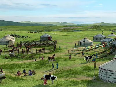 Modern yurt grassland pasture landscape 3d model