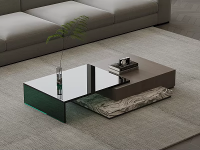 Modern Coffee Table With Glass Top Wooden Base Vase Books And Sofa In Living Room 3d model