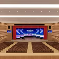 Spacious Conference Room With Red Seats Wooden Walls Podium And Linear Lighting