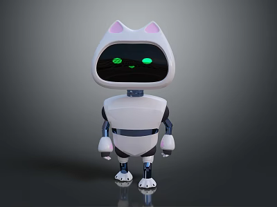 Cute Cat Ear Robot With White Body Green Eyes Standing On Gray Background 3d model