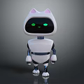 Cute Cat Ear Robot With White Body Green Eyes Standing On Gray Background