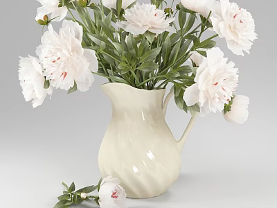 Cream Colored Textured Ceramic Vase With White Peonies And Red Stamens 3d model