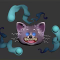 Purple Cat Face With Glowing Blue Eyes Surrounded By Blue Ghostly Creatures With Glowing Orbs
