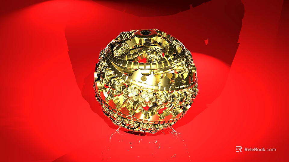 Exquisite Golden Spherical Jewelry With Intricate Decorative Patterns On Red Background 3d model 