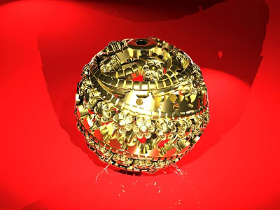 Exquisite Golden Spherical Jewelry With Intricate Decorative Patterns On Red Background 3d model