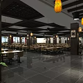 Traditional Chinese Restaurant Interior With Wooden Tables Chairs Pendant Lights And Decorative Paintings