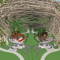 Natural Themed Children's Play Area with Tree Vine Canopy Red Slide and Treehouse Green Lawn