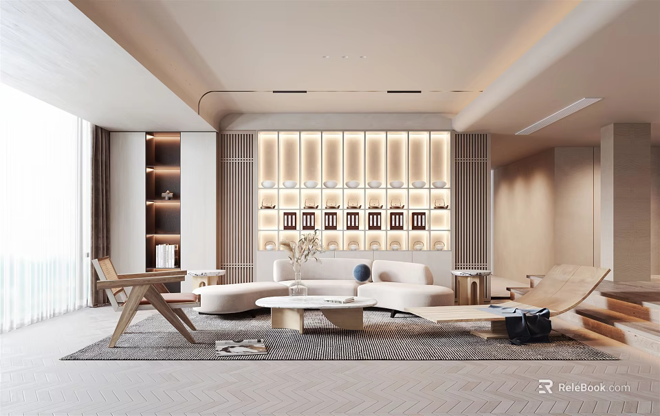 Modern Living Room Interior Design With White Sofa Coffee Table Area Rug And Decorative Shelves 3d model 