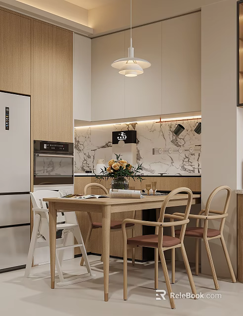 Modern Restaurant Dining Area With Wooden Table Chairs Marble Backsplash White Refrigerator And Pendant Light 3d model 