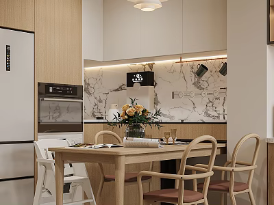 Modern Restaurant Dining Area With Wooden Table Chairs Marble Backsplash White Refrigerator And Pendant Light 3d model