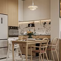 Modern Restaurant Dining Area With Wooden Table Chairs Marble Backsplash White Refrigerator And Pendant Light