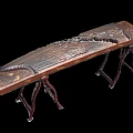 Tech Exhibition Hall Display of Brown Carved Guqin on Ornate Wooden Stand with Black Background
