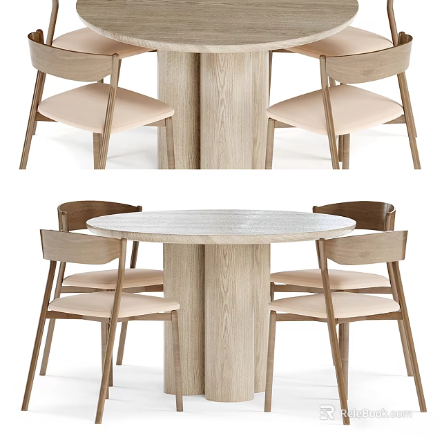 Modern Round Dining Table Set With Wooden Frame And Upholstered Chairs 3d model