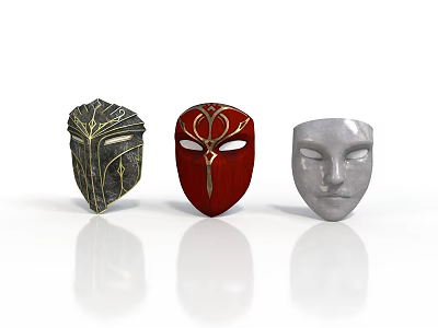 Three Decorative Masks With Different Colors And Designs Black Red And Silver For Home Decor 3d model