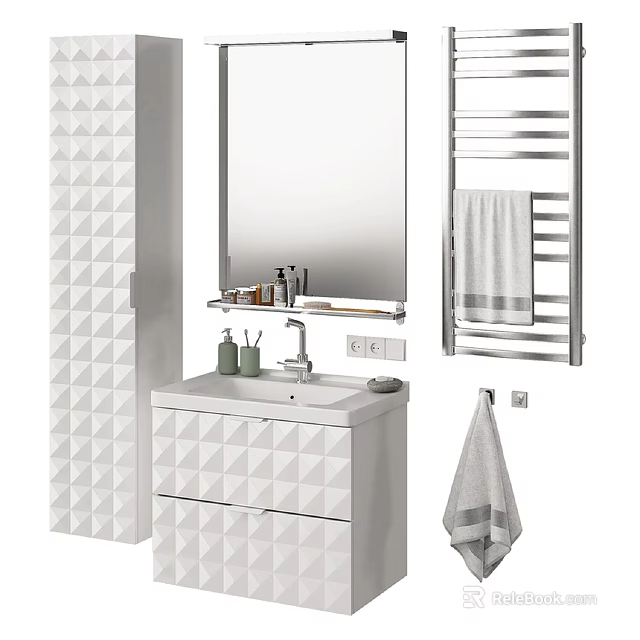 Modern White Washbasin with Diamond Pattern Cabinet Mirror and Towel Rack 3d model 