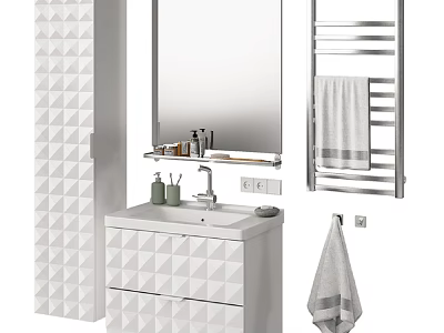 Modern White Washbasin with Diamond Pattern Cabinet Mirror and Towel Rack 3d model