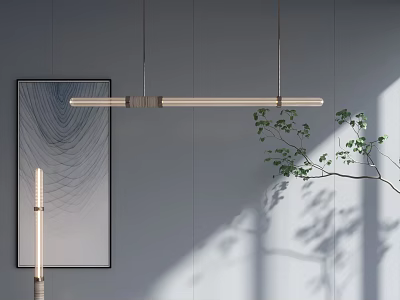 Modern Lighting Combination With Hanging Linear Pendant Light Wall Art Green Plant And Natural Light 3d model