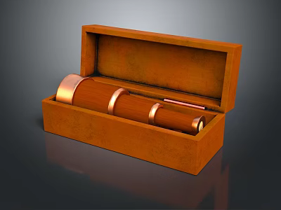 Brass Commercial Equipment Telescope Stored in Open Brown Wooden Case 3d model