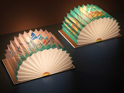 Foldable Fan Shaped Table Lamp With Colorful Landscape Patterns And Wooden Base 3d model