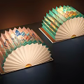 Foldable Fan Shaped Table Lamp With Colorful Landscape Patterns And Wooden Base