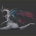 Mystical Skeleton Animal With Horns Blue Red Gradient Wings Feathered Body Holding Blue Glowing Orb