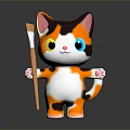 Cute Cartoon Cat With Orange White Brown Fur Colorful Eyes Holding Paintbrush On Dark Background