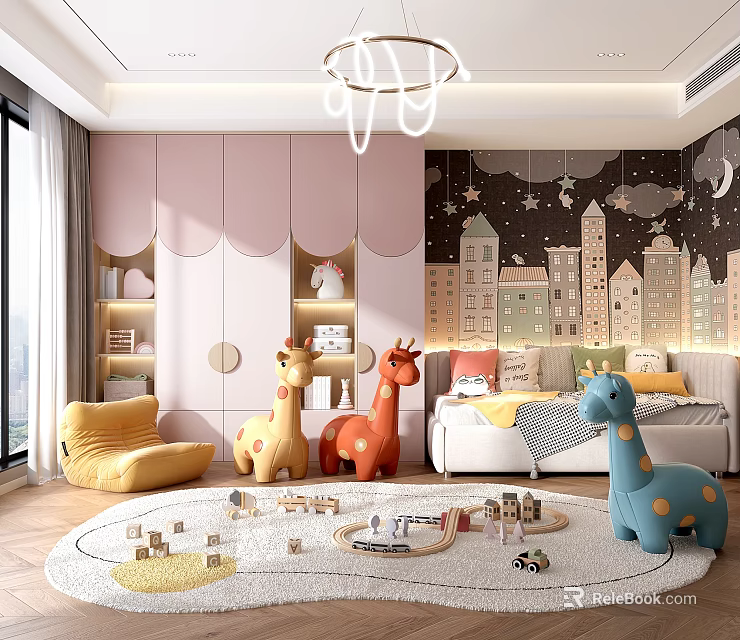 Kids Room Interior With Starry Sky City Building Wall And Giraffe Plush Toys 3d model 